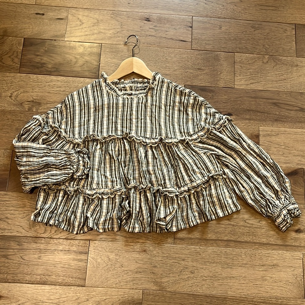 Striped Ruffle Blouse - Black, White, Tan